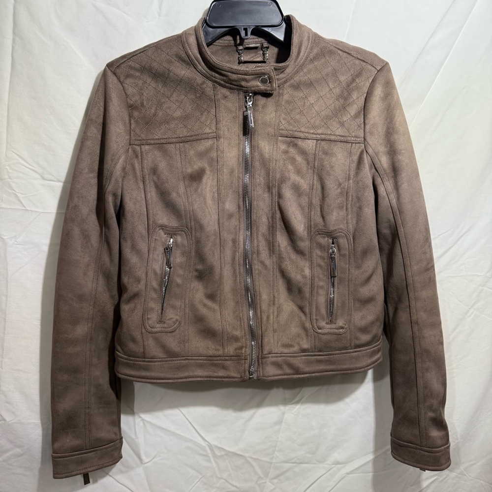 Jou Jou Women's Faux Suede Moto Jacket w/Quilted Shoulders Size Medium Like New